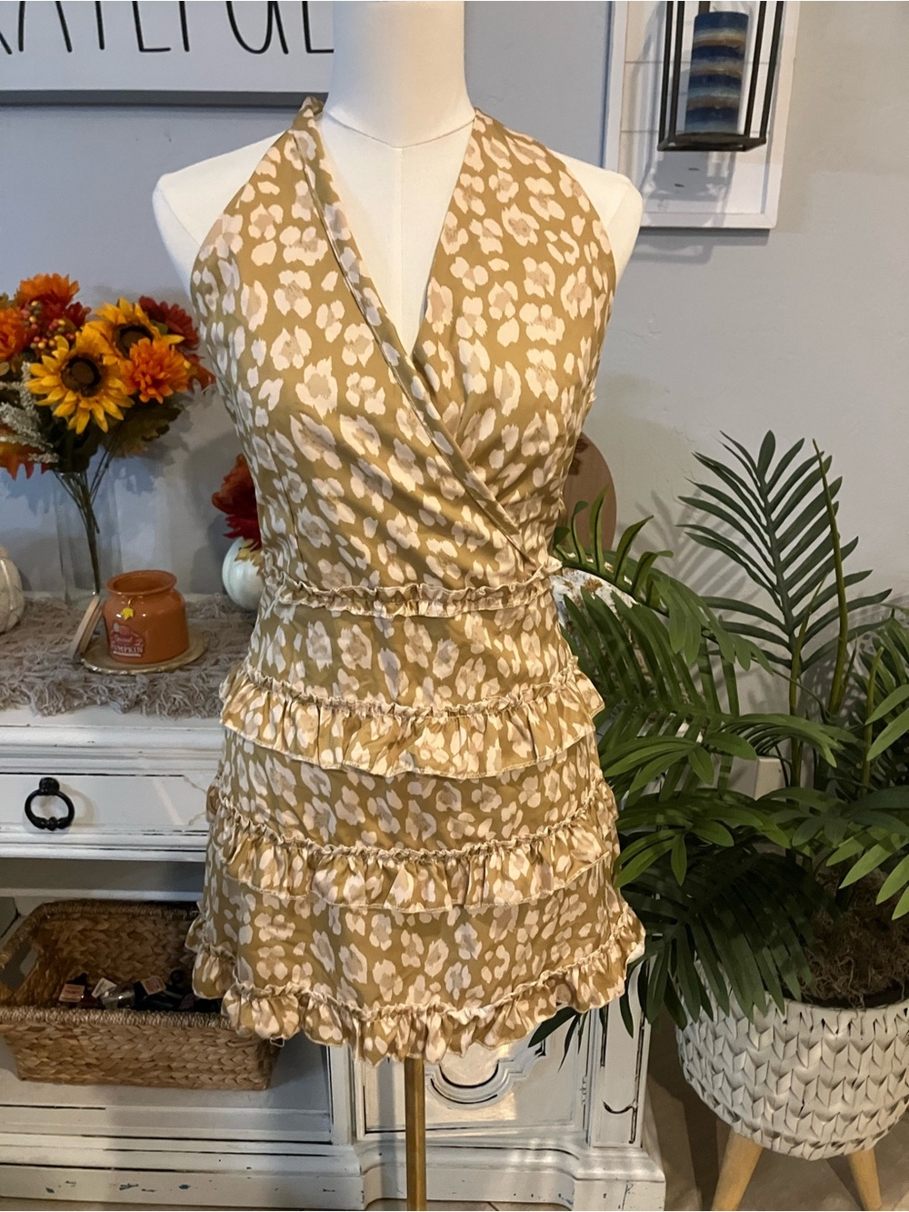 Tiered Halter Wrap Dress in Beige Leopard Print